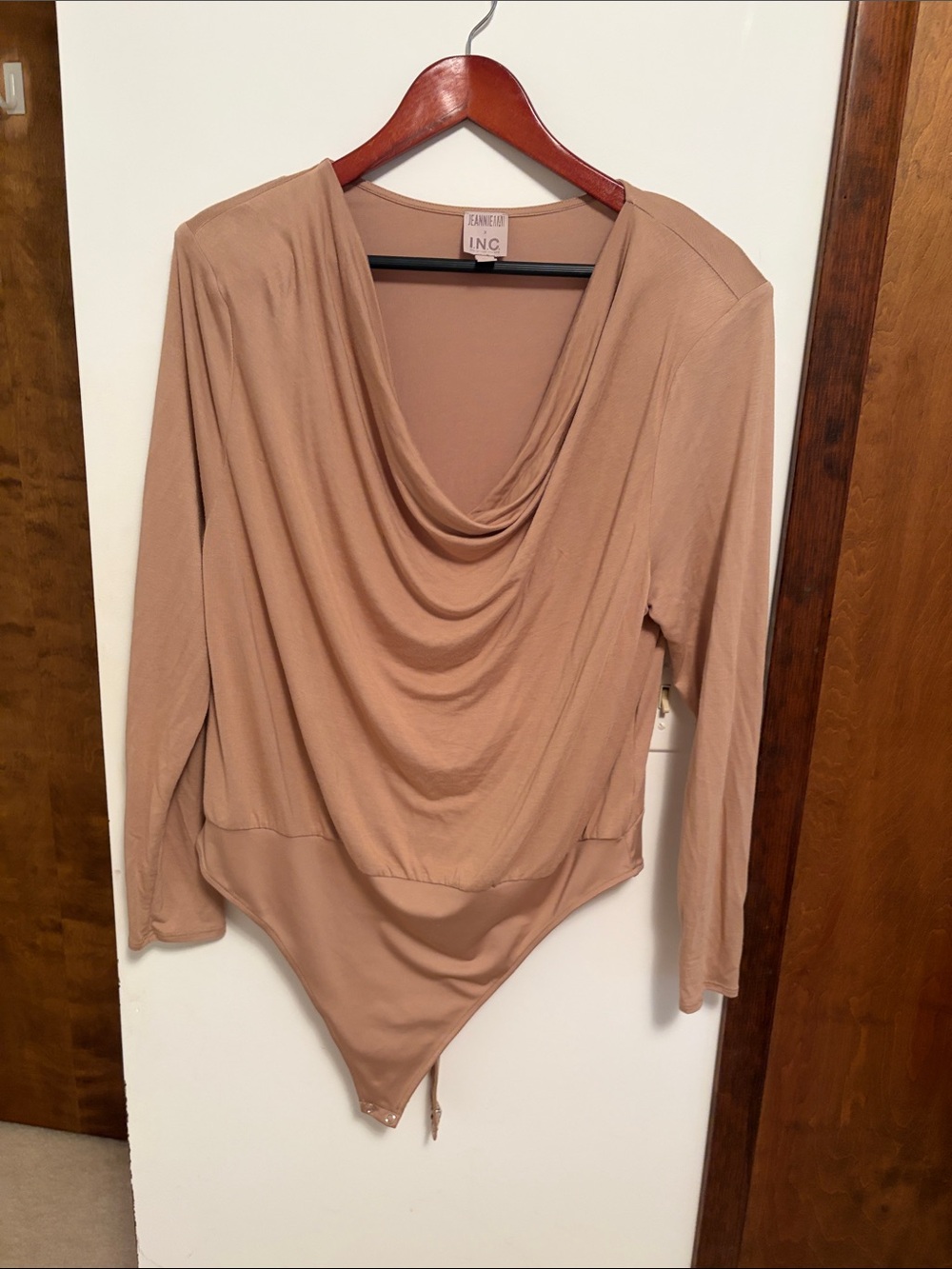 INC International Concepts Taupe Long-Sleeve Draped Cowl Bodysuit